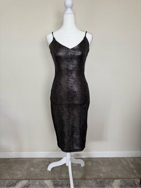 Metallic Black Slip Midi Dress with Subtle Texture